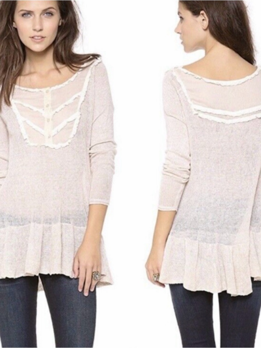 Free People Candy Yoke tunic is crafted from linen with a sheer mesh yoke and ru